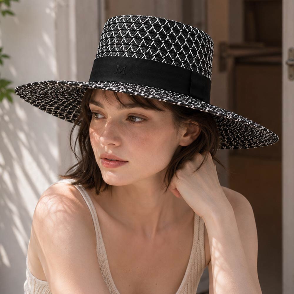 Black Woven Wide-Brim Straw Hat with Ribbon
